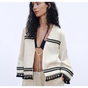 NEW Boho Cream Black Fringe Topper Jacket Women's XL Cotton Emerson Lang